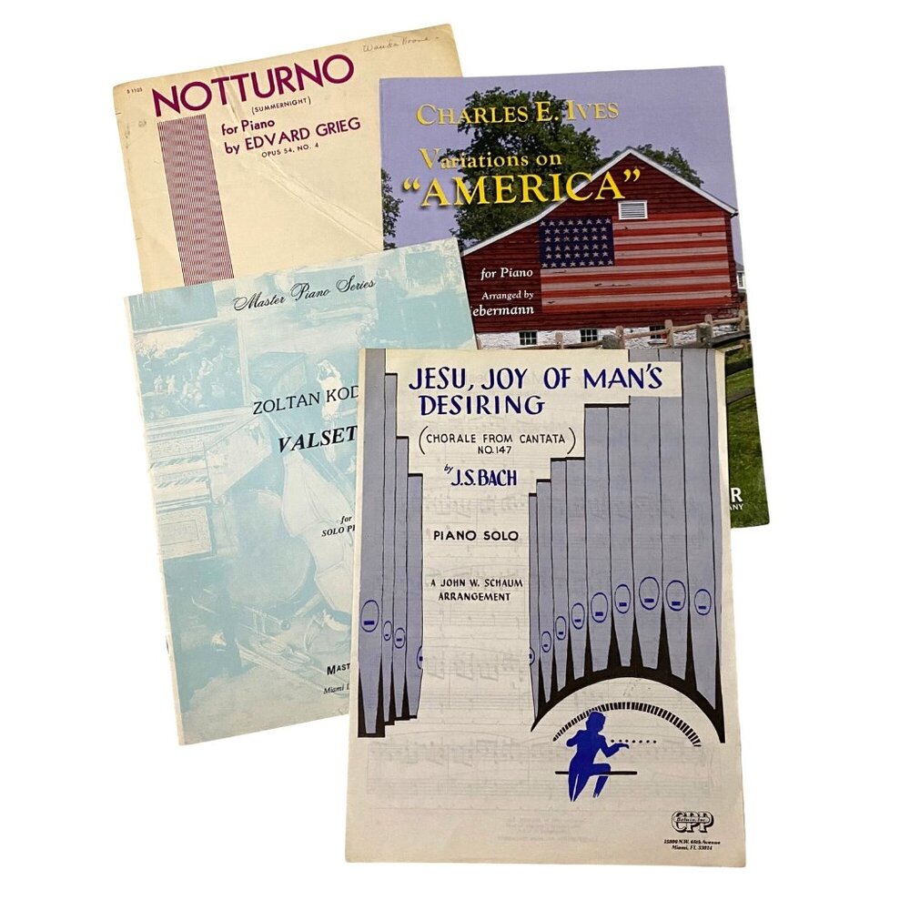 Piano Sheet Music Lot of 4 Edvard Grieg Charles E‎ Ives Zoltan Kodaly J S Bach